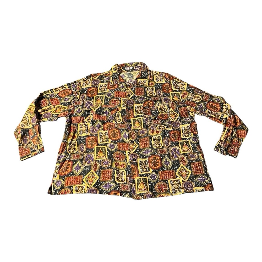 Vintage GUESS Shirt Mens Large Multicolor Geometric Button Long Sleeve USA Aztec